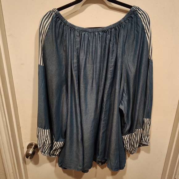 Cato NWT Blue Chambray Peasant Top Sz 26/28W Summer Boho Beach Stripe Patches - Picture 8 of 8